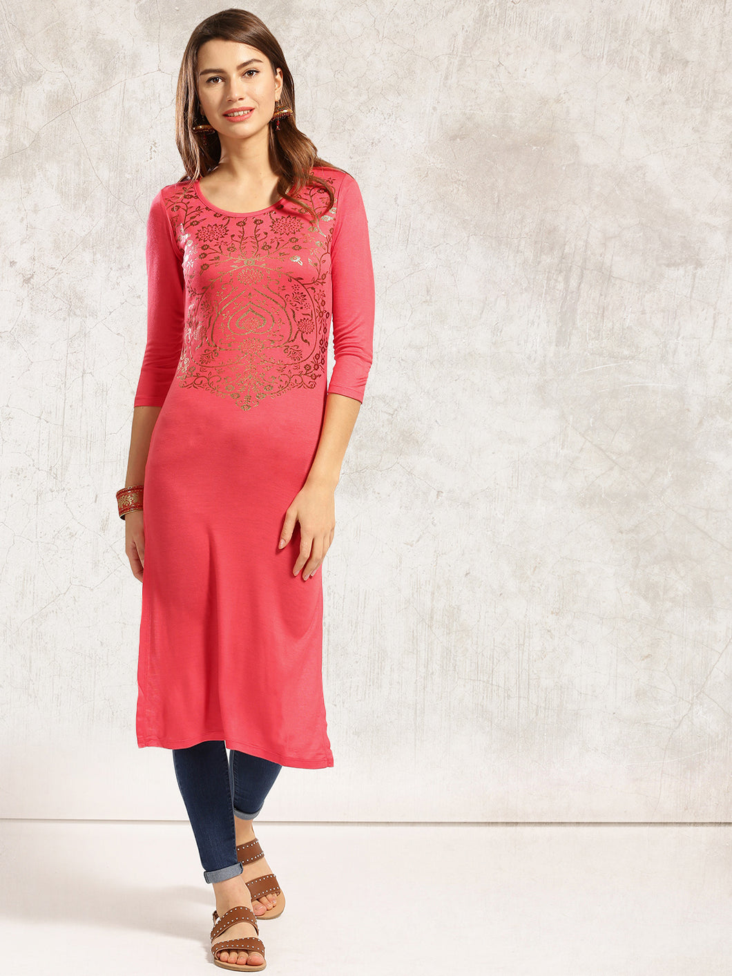 Pink Straight Kurti with Golden Print