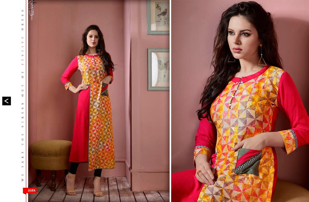 Silk Rayon Layered Red Printed A-Line Kurti with Pocket