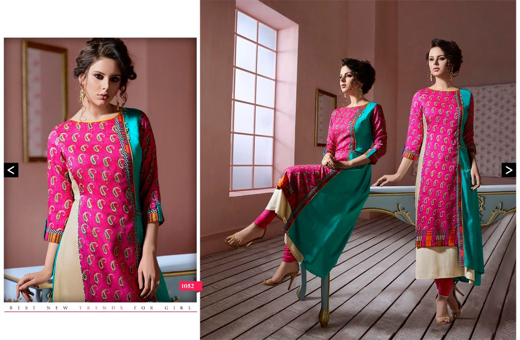 Silk Rayon Layered pink Printed A-Line Kurti with Kurti