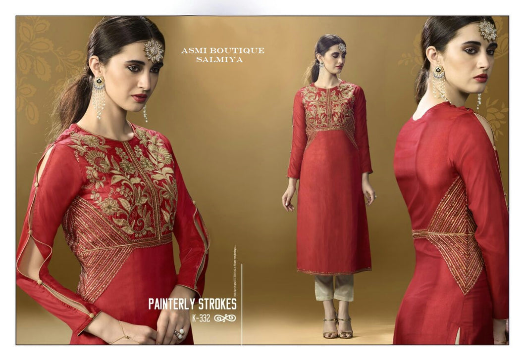 Silk RedStraight Kurti with Golden Embroidery