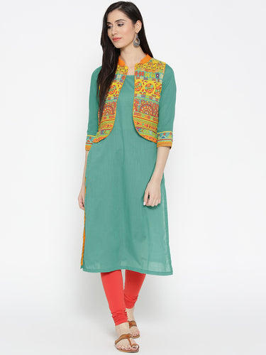 Green Kurti with Printed Jacket