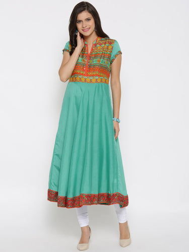 Green Anarkali Cotton-Silk Kurti