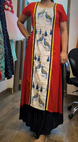 Red Printed A-line Kurti with Layered Detail