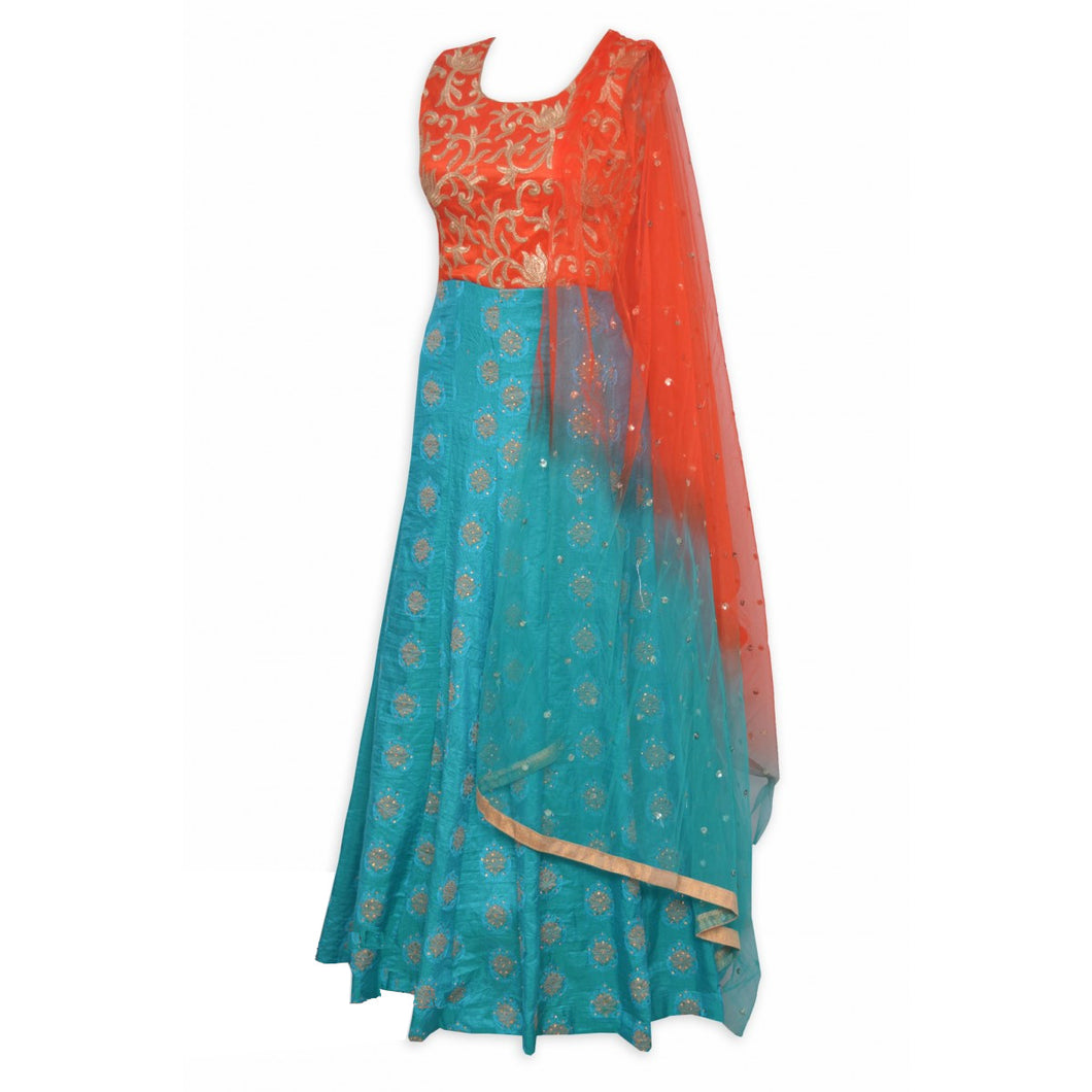 Silk Orange Frock suit with threadwork at bodice and Banarasi booti work at the flare.