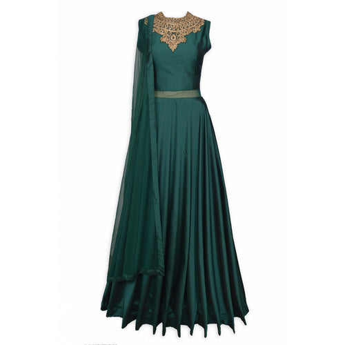 Ravishing Bottle green Partywear Silk Dress with golden patch work