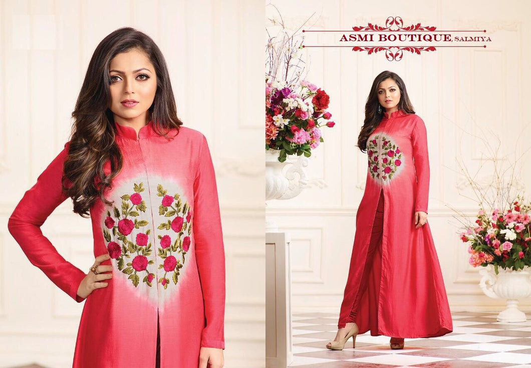 Silk Pink A-line Kurti with Embroidery