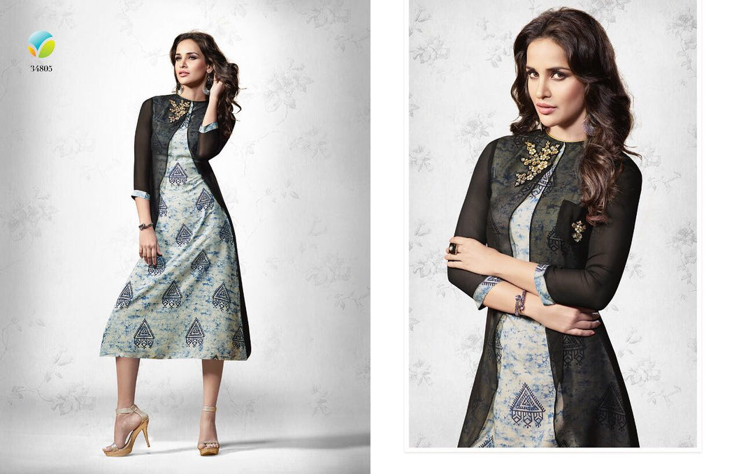 Georgette black Printed A-Line Kurti with Embroidery