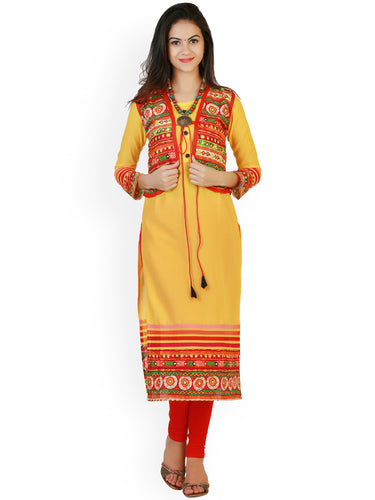 Yellow Printed Kurti with Jacket