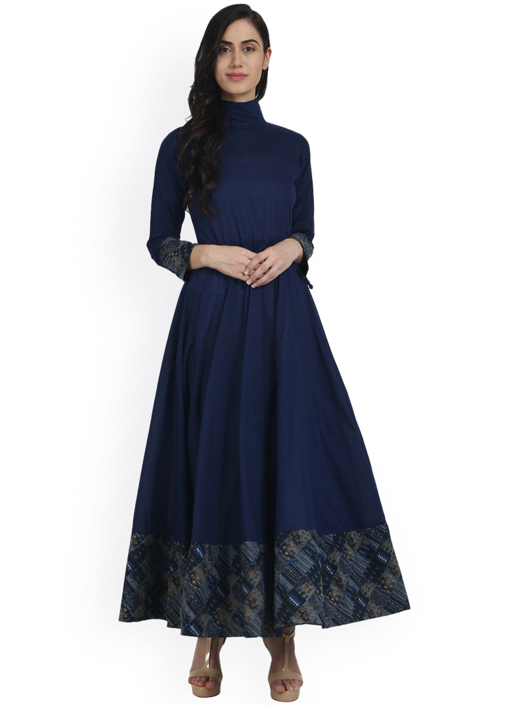 Navi Blue Full Sleeve Cotton Floor Length Anarkali with Closed Neck Kurti