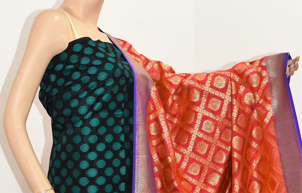 Indian Banarasi Suit dress Material for women- Top , bottom and Long Silk Dupatta